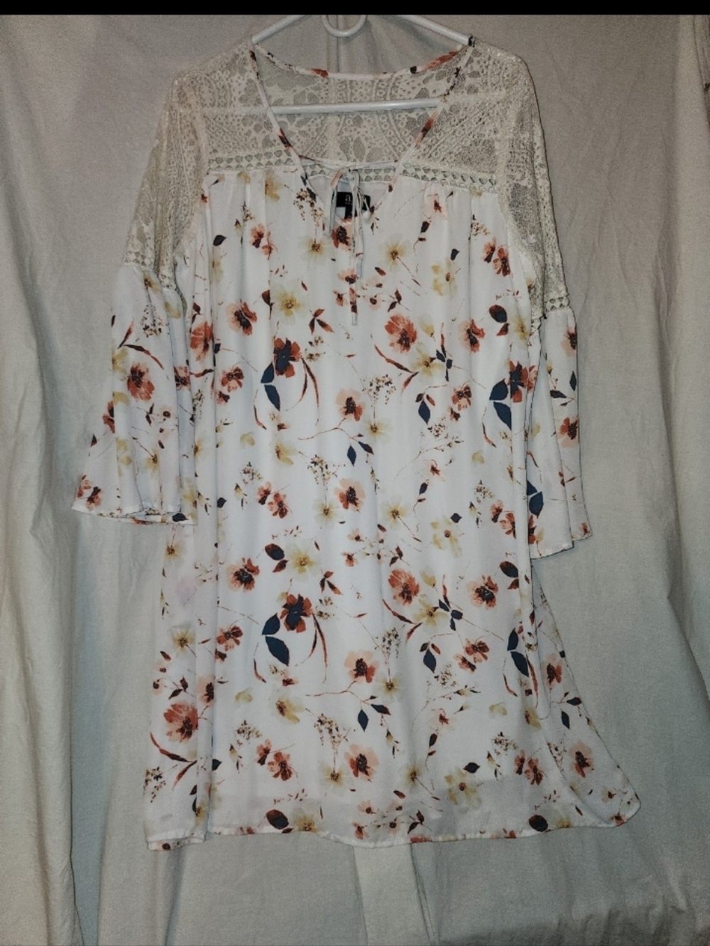 Floral Lace Yoke Mini Dress in White with Rust & Navy Accents